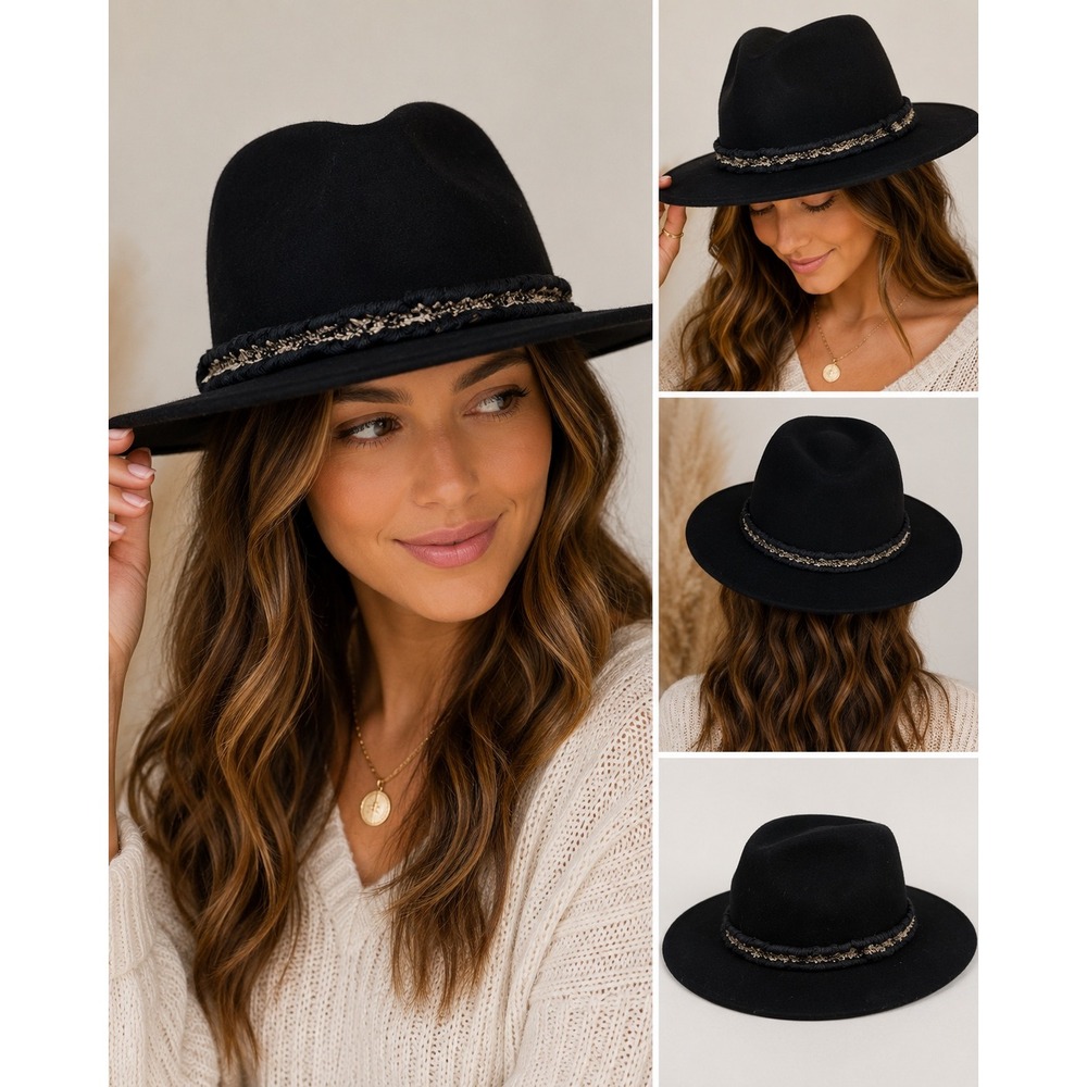 Black 100% Wool Fedora Hat Braided Metallic Gold Trim Boho Wide Brim Flat Top
